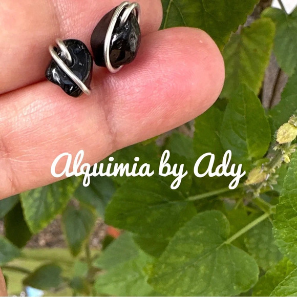 Black onyx wire wrap stud statement earrings/minimalist bohemian silver - Picture 1 of 4